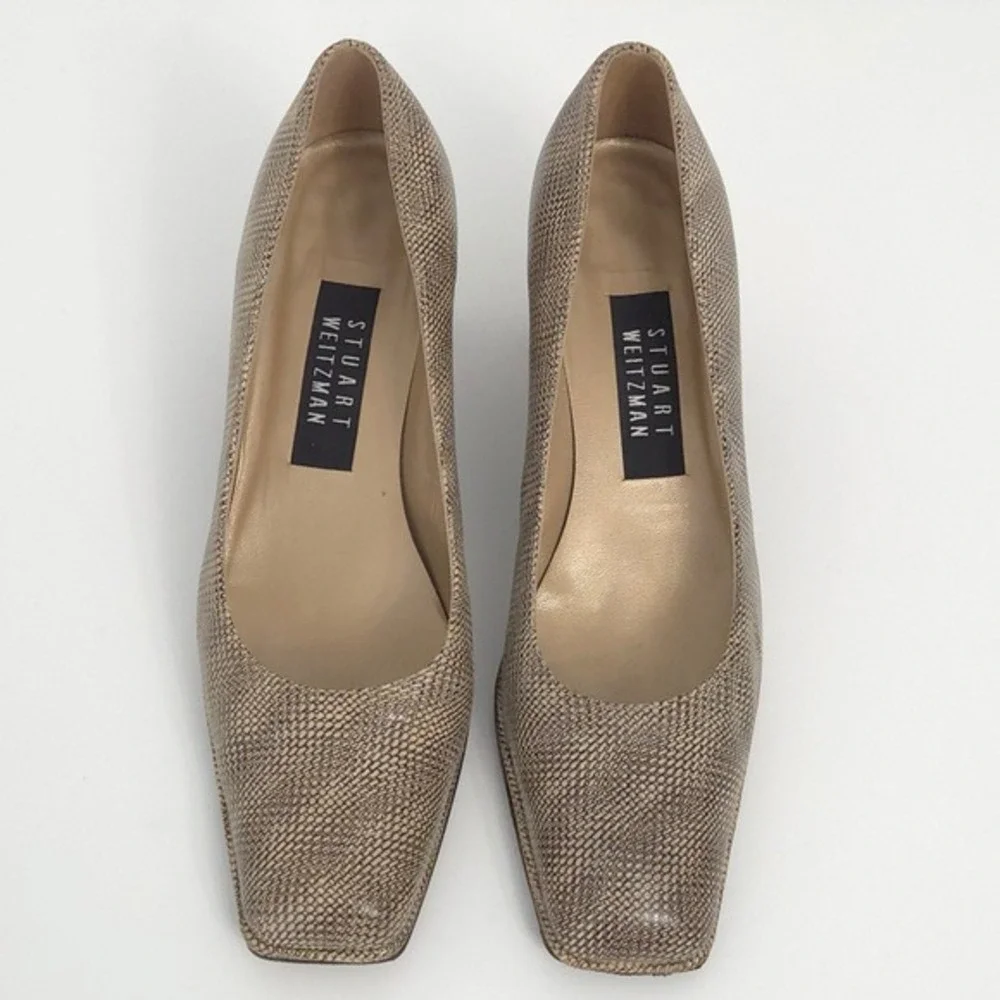 Stuart Weitzman Beige Snakeskin Print‎ Square Toe Block Pump Heels- Size 8
